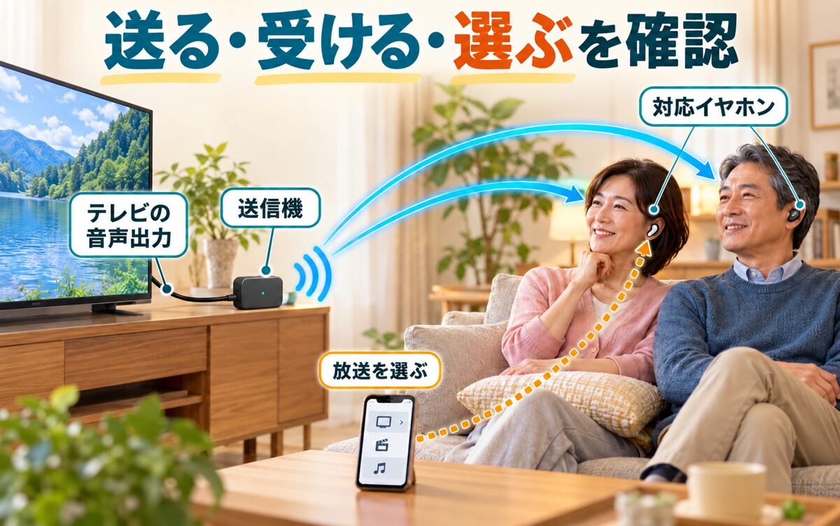 テレビの音声を送信機から対応イヤホンへ送り、スマホで放送を選ぶ仕組み
